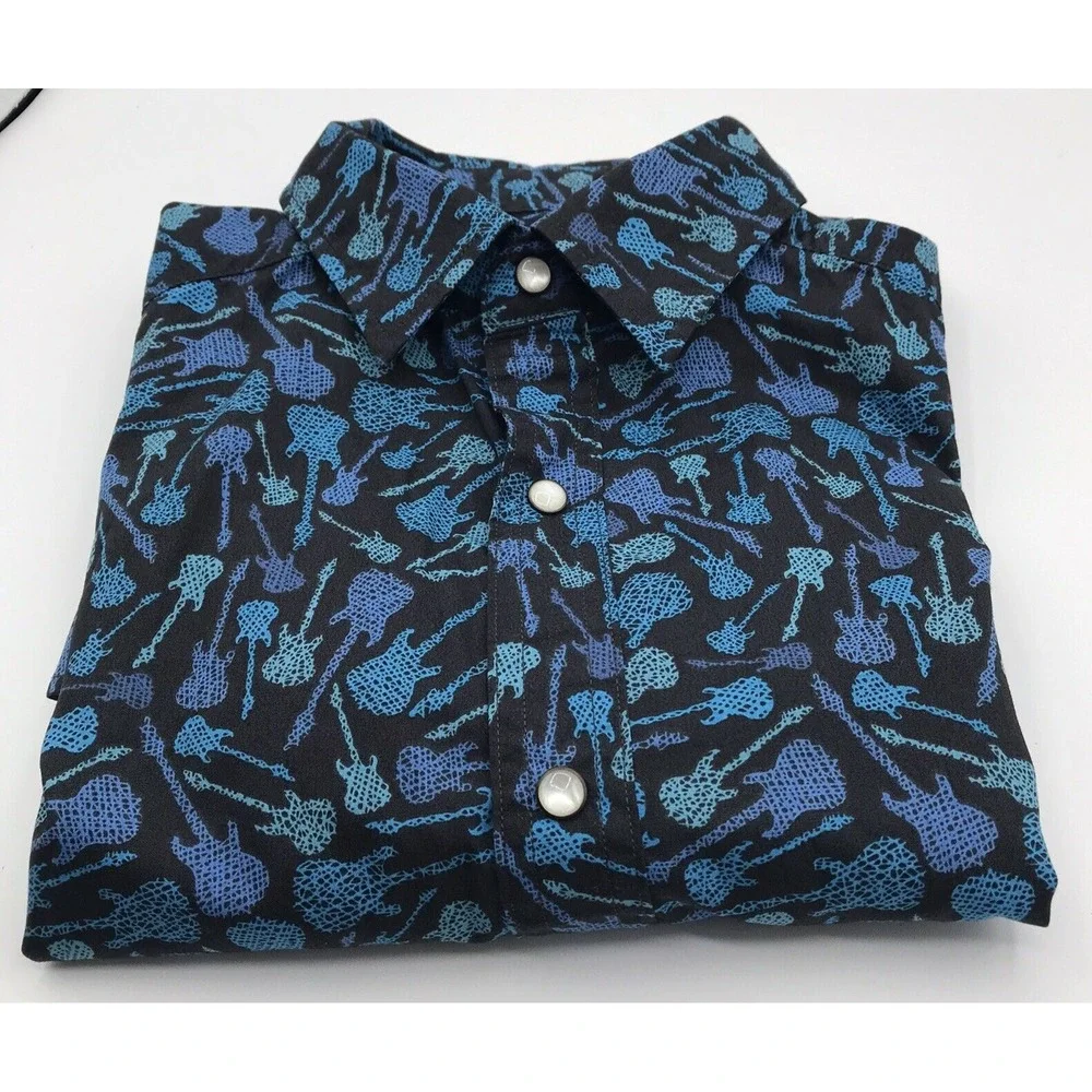 VTG Cremieux Premium Button Shirt Mens SMALL Guitars Black Blue Short Sleeve Y2K